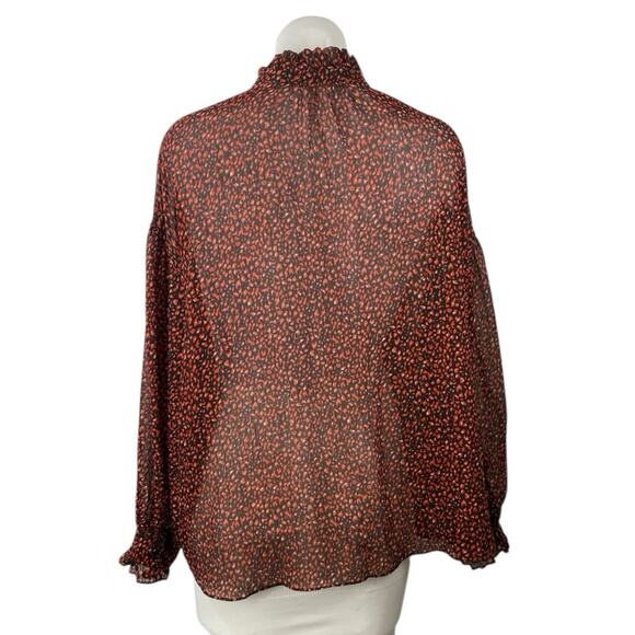 Mango MNG Brown Printed Ruffle Button Up Long Puff Sleeve Sheer Blouse Top Sz 4 - Picture 4 of 6
